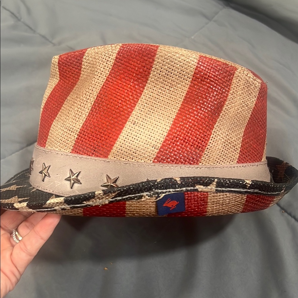 Petergrimm Red and Beige Striped Fedora with Star Accents